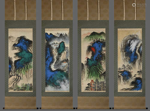 Four Chinese Landscape Painting Silk Screens, Zhang Daqian M...