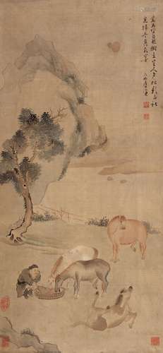 唐寅 山水 水墨绢本立轴