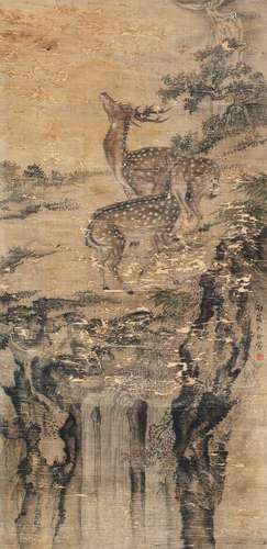 沈铨 双鹿图 设色绢本立轴