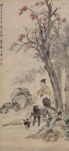 倪田 饮马图 设色纸本立轴