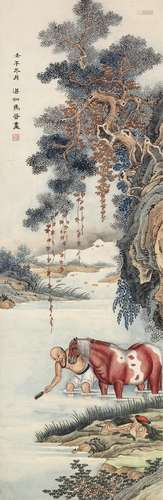 马晋 洗马图 设色纸本立轴