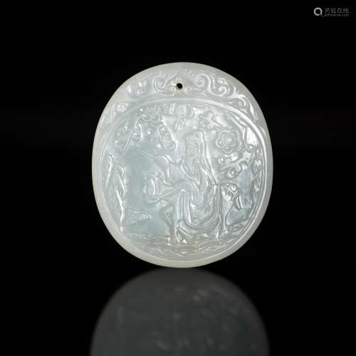 十八世紀   白玉雕人物詩文牌A Chinese carved white jade plaqu...