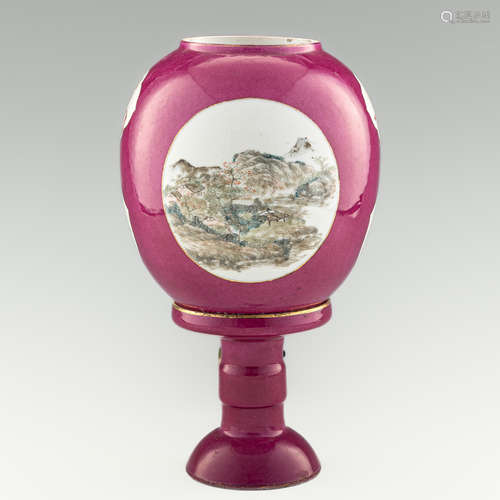 民國   胭脂紅地開窗粉彩山水皮燈A Chinese ruby-glazed famille...