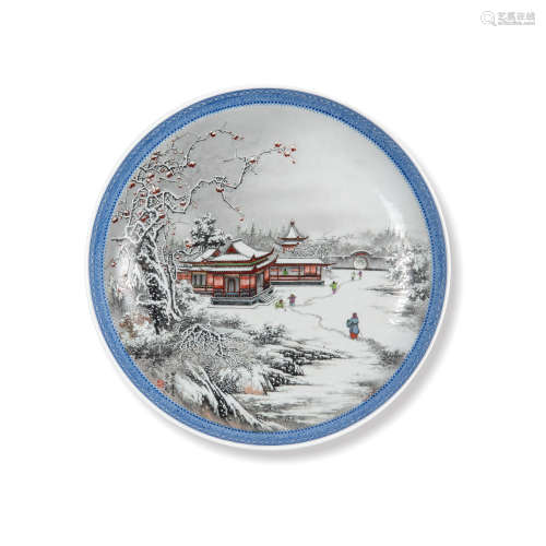 民國   崇文款粉彩雪景圖盤A Chinese famille rose snow scene p...