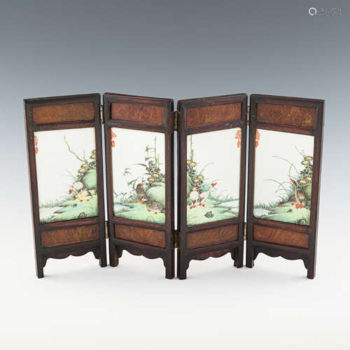 民國   粉彩花鳥瓷板四塊一套A set of four Chinese porcelain p...