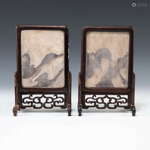 十九世紀   雲石硬木插屏一對A pair of Chinese marble-insert t...