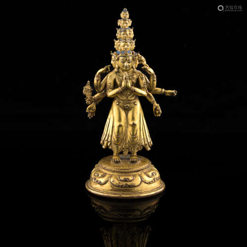 明代   銅鎏金十一面佛觀音像A Tibetan gilt-bronze figure of A...
