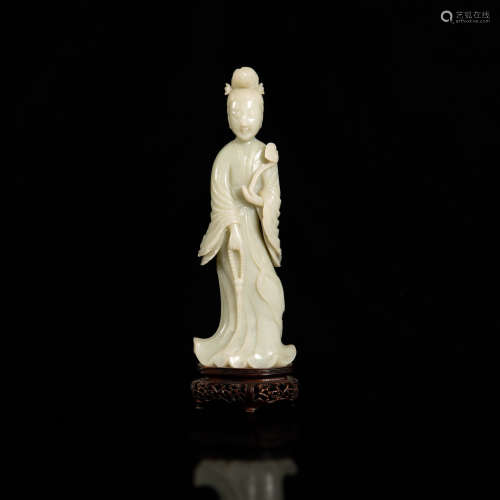 十九世紀  玉雕侍女立像（附原配硬木座）A Chinese carved jade co...