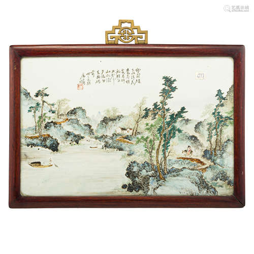 民國   段子安粉彩山水橫幅瓷板A Chinese famille rose plaquesi...