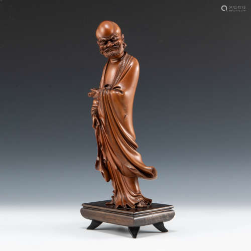 十九世紀   龍眼木雕達摩A Chinese carved longan wood sculptur...