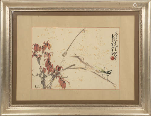 趙少昂   楓葉螳螂鏡框A Chinese painting of a mantissigned Zh...