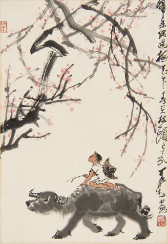 李可染   牧牛圖鏡片A Chinese painting of a boy on a buffalos...