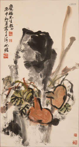 朱屺瞻   慶福上款洞石葫蘆圖鏡片A Chinese painting of gourd a...