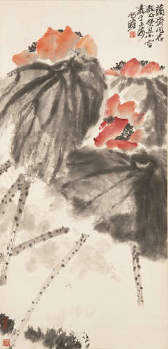 朱屺瞻   藕斎上款荷花圖立軸A Chinese painting of lotussigned...