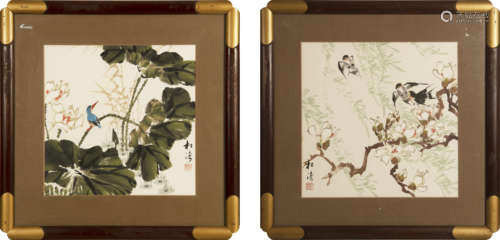 松濤   花鳥鏡框兩張Two Chinese paintings of flowers and bird...