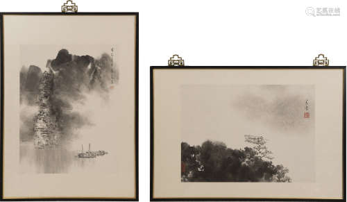 宋滌   水墨山水鏡框兩張Two Chinese landscape paintingssigned...