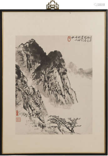 吳悅石   水墨山水鏡框A Chinese landscape paintingsigned Wu Y...