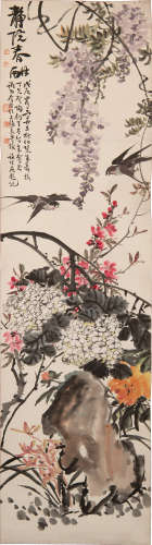 謝公展、王本智等   花鳥立軸A Chinese painting of flowers and ...