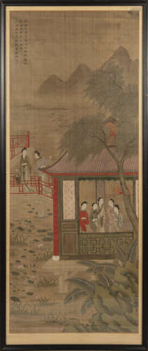 萬壽祺   絹本亭臺仕女鏡框A Chinese court scene paintingsigne...