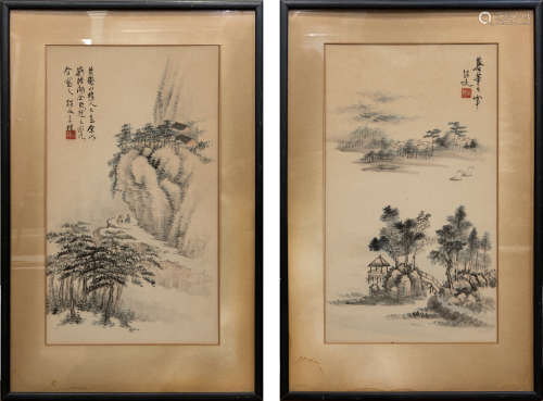 王紹文   山水人物鏡框兩張Two Chinese landscape paintingssign...