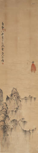 張大千   1932年作達摩渡江鏡片A Chinese painting of Damosigne...