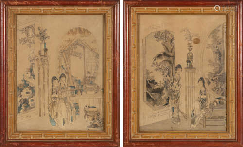 仕女圖鏡框一對A pair of Chinese court ladies paintings