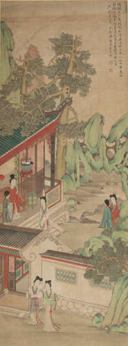 晚清 陳遠 庭院仕女圖立軸A Chinese painting of court ladiessi...