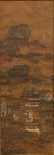 仇英款   山水鏡框A Chinese landscape paintingsigned Qiu Ying...
