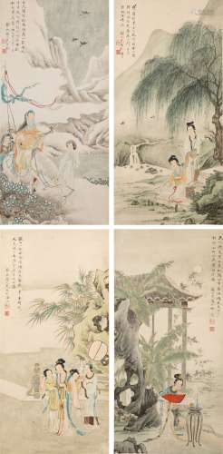 謝之光   四美圖四條屏一套A set of four Chinese paintings of ...