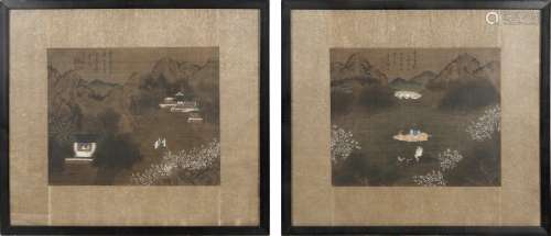 楊晉款   絹本山水人物鏡框兩張Two Chinese landscape paintings...