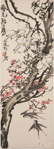 謝公展   春光駘蕩立軸A Chinese painting of magnolias and bir...