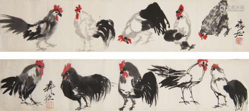 王森然   公雞圖兩張Two Chinese rooster paintingssigned Wang ...