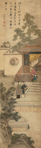 浣東   庭院仕女圖A Chinese painting of court ladiessigned Hu...