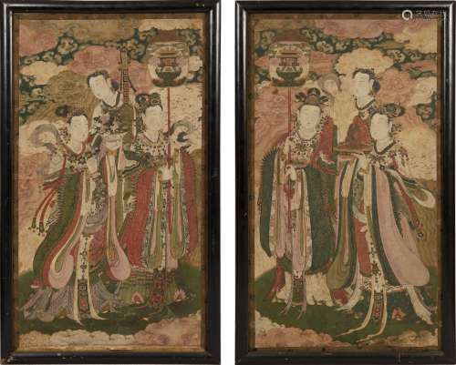 明代   水陸畫鏡框一對A pair of Chinese religious paintingsMi...
