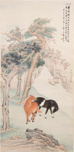 趙叔孺、張石園   松下雙馬圖立軸A Chinese painting of two hors...