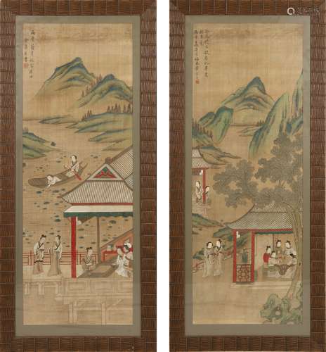 余集   黃宗炎 絹本山水人物鏡框一對A pair of Chinese landscap...