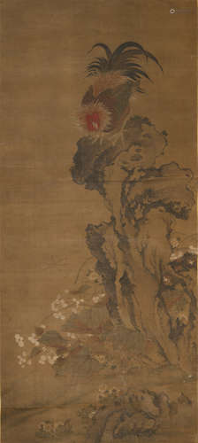 呂廷振 洞石公雞圖立軸A Chinese painting of roostersigned Lu ...