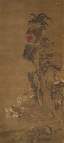 呂廷振 洞石公雞圖立軸A Chinese painting of roostersigned Lu ...