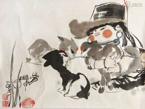 謝申   牧羊圖鏡片A Chinese painting of herding goatssigned X...