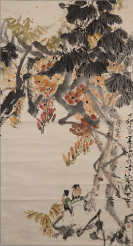畢武昌   花鳥立軸A Chinese painting of flowers and birdssign...