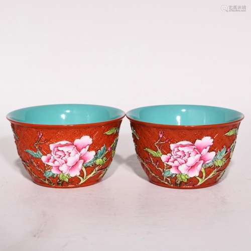 Lacquer red relief pastel peony flower grain cup, high calib...