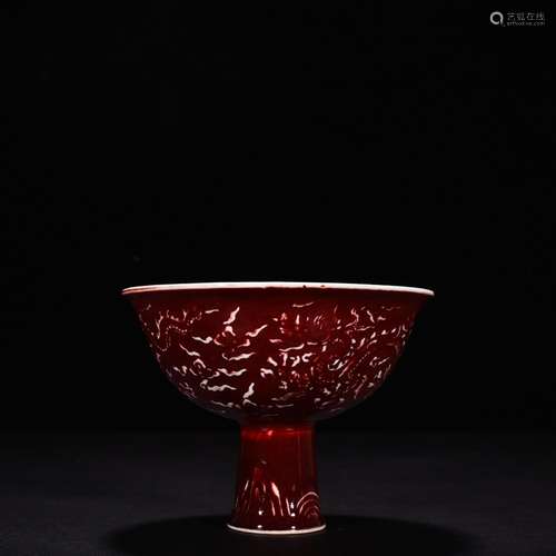 Ruby red glaze carving YunLongWen footed bowl11 cm high 14.5...