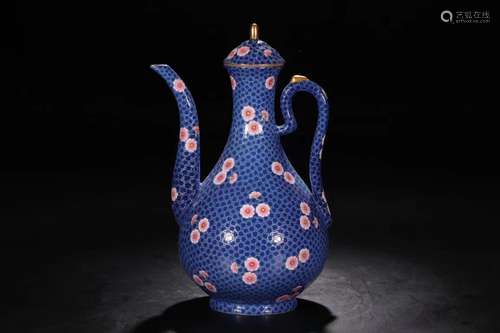 Sapphire blue ground rolling way grain ewer flowers.High: 33...