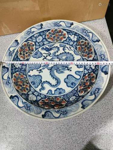 Blue and white youligong pinch flower dragon pattern plate