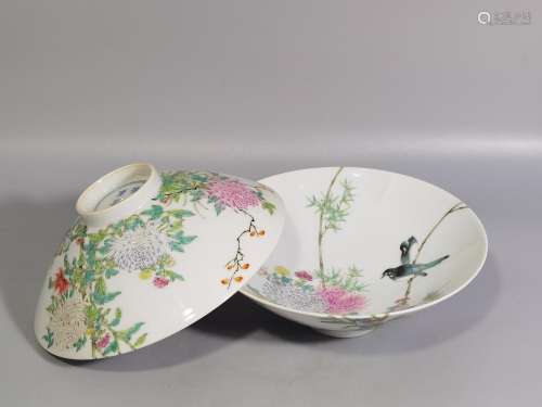 Pastel a branch of flowers and birds qiu ju dou bowl of a pa...