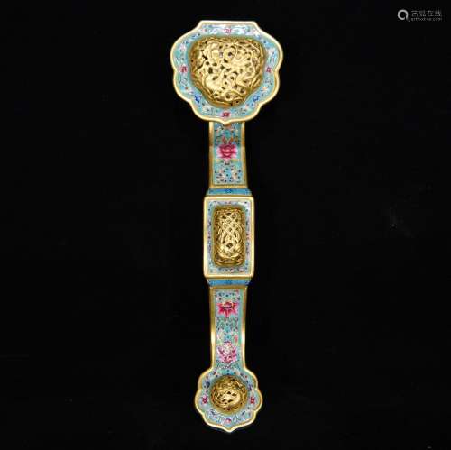 Colored enamel hollow out gold dragon ruyi, 6 x 27 x 8