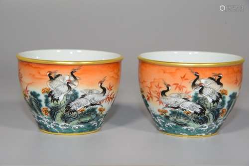 Six cranes with colored enamel gold spring grain cup5.5 cm h...