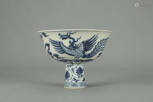 , blue and white chicken tattoos footed bowlSize: 13.5 calib...