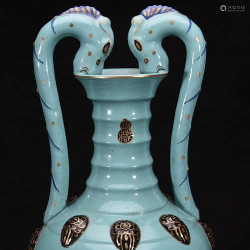 Turquoise glaze color decorative pattern of gold around bran...