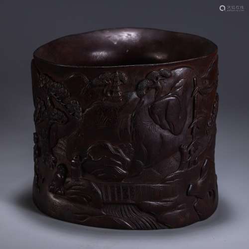 Landscape brush pot, red sandalwood charactersSize, long and...